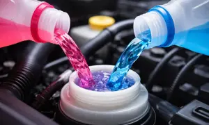 Deux liquides de refroidissement, rose et bleu, se mélangent dans un réservoir. La question est : peut-on mélanger les liquides de refroidissement ?