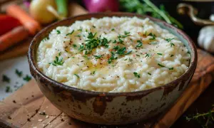 Un crémeux risotto, garni de thym frais et d'un filet d'huile d'olive. Une recette parfaite pour un repas réconfortant.