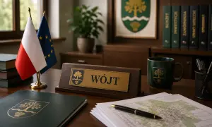 Biurko wójta z tabliczką, flagami Polski i UE, mapą i dokumentami. Zastanawiasz się, ile zarabia wójt?