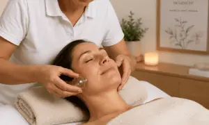 Eine Frau erhält eine entspannende Gesichtsmassage mit Schröpfgläsern. Die Therapeutin wendet die Gläser sanft auf der Haut an.