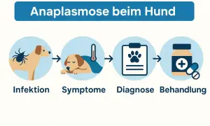 Illustration zeigt den Verlauf von Anaplasmose beim Hund: Zeckenbiss (Infektion), kranker Hund mit Fieber (Symptome), Diagnose auf einem Klemmbrett und Medikamente (Behandlung).