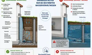 Schema zeigt eine sinnvolle Drainage bei bindigem Boden und Sickerwasser, die Keller vor Feuchtigkeit schützt.