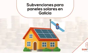 Casa con paneles solares y bandera de Galicia. Montones de monedas sugieren subvenciones para placas solares en Galicia.