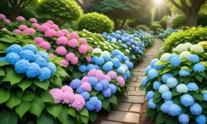 En vacker trädgårdsgång kantad av fluffiga hydrangea paniculata i rosa och blått. Solen strålar genom träden.