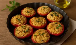 Pomodori al forno alla pugliese, ripieni e dorati, pronti per essere gustati.