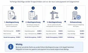Schema erklärt kumulierte Rechnung im Bau: 4 Schritte von Abschlagsrechnungen bis zur Schlussrechnung, wobei frühere Beträge angerechnet werden.