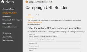 Narzędzie Google Analytics do tworzenia linków z parametrami kampanii. Uzupełnij dane, aby wygenerować linki UTM.