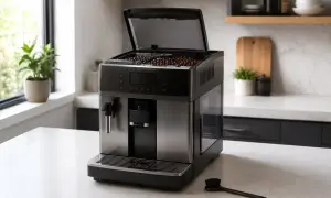 Automatyczny ekspres do kawy DeLonghi z otwartą klapą zasobnika ziaren. Obok szczoteczka do czyszczenia młynka.