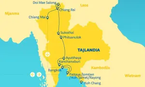 Mapa Tajlandii z zaznaczonymi miastami i trasą. Zastanawiasz się, ile się leci do Tajlandii z Warszawy? Ta mapa pokazuje popularne miejsca podróży.