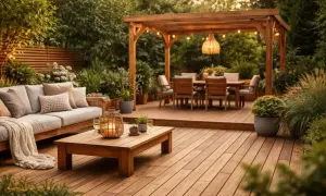 Un salon de jardin en bois, baigné de lumière douce. Une table et des chaises sous une pergola invitent à la détente. L'ensemble suggère une façon de **protéger le bois extérieur naturellement**.
