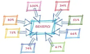 Diagramma a blocchi con "BENEFICI" al centro, circondato da percentuali (es. 74%). Utile per calcolare l'invalidità civile e l'assegno mensile.