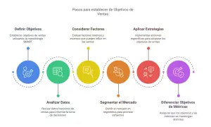 Diagrama de pasos para establecer objetivos de ventas: definir, considerar factores, aplicar estrategias, analizar datos, segmentar mercado y diferenciar métricas. Esencial para el marketing para tiendas.