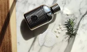 Elegancki flakon perfum Moncler pour homme na marmurowym tle, otoczony gałązką iglaków i płatkami śniegu.
