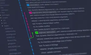 Visualisation d'un historique Git, montrant des branches et des commits. On y voit des fichiers comme `package.json` et des messages de commit, dont un mentionnant `node fs`.