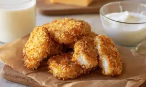 Chrupiący kurczak w panko, idealny do maczania w sosie. Obok szklanka mleka i miseczka jogurtu.