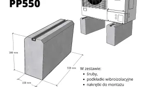 Solidny fundament pod pompę ciepła PP550, wymiary 550x150x300 mm, z rowkiem do montażu. W zestawie śruby, podkładki i nakrętki.