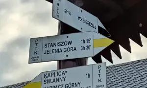 Droga do Kaplicy Św. Anny w Karpaczu Górnym. Znaki PTTK wskazują trasę na Przesiekę, Staniszów i Jeleniej Górę.
