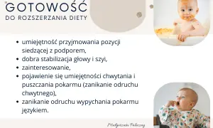 Gotowość do rozszerzania diety niemowlaka: siedzenie z podparciem, stabilna głowa, zainteresowanie jedzeniem, chwytanie pokarmu i zanik odruchu wypychania językiem.