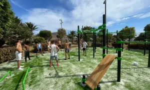 Grupo de personas entrenando en un parque de calistenia al aire libre con césped artificial y estructuras verdes.