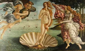 Narodziny Wenus. Idealne proporcje, harmonia i piękno ciała, cechy rzeźby renesansowej, ukazane w scenie mitologicznej.