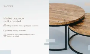 Dwa okrągłe stoliki z drewna, idealne jako jaki stolik do narożnika. Podano wytyczne dotyczące ich proporcji i rozmieszczenia.