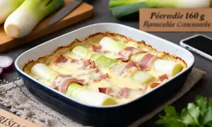 Un délicieux gratin de poireaux, enveloppés de lardons et nappés d'une sauce crémeuse, sort du four.