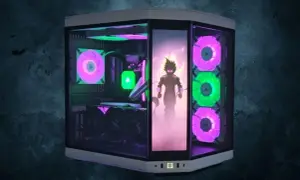 Ein Gaming-PC mit ARGB-Beleuchtung, die einen Anime-Charakter in Szene setzt. Die Lüfter leuchten in Pink und Grün, ein starker Kontrast zu reinem RGB.