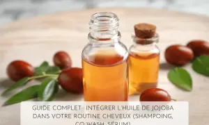 Bouteilles d'huile de jojoba pour les cheveux, entourées de fruits et feuilles de jojoba. Un guide pour intégrer l'huile de jojoba dans votre routine capillaire.