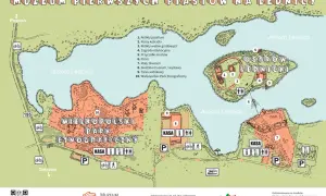 Mapa Muzeum Pierwszych Piastów na Ostrowie Lednickim. Widok na jezioro, grodzisko, skansen i ścieżki.