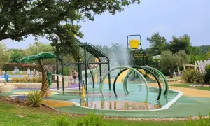 Wesoły wodny plac zabaw z palmą i zjeżdżalniami, idealny na **camping dla dzieci**.