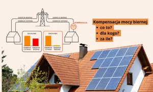 Schemat ilustruje kompensację mocy biernej (pfc) na przykładzie domów z panelami słonecznymi. Wyjaśnia, co to jest, dla kogo i za ile.