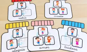 Tarro de las emociones para niños: rabia, miedo, alegría, amor y tristeza representados con dibujos.
