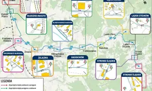 Mapa pokazuje, gdzie pociąg i autobusy łączą Kłodzko z Lądkiem-Zdrój i innymi miejscowościami.