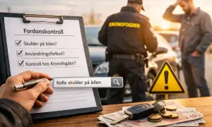 Kontroll av fordonets skulder hos Kronofogden. En lista visar "Skulder på bilen?", "Användningsförbud?" och "Kontroll hos Kronofogden?". En polis med texten KRONOFOGDEN interagerar med en bilförare.