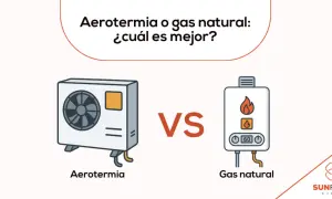 Comparativa visual de aerotermia vs gas natural, mostrando una unidad exterior de aerotermia y una caldera de gas natural.