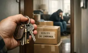 Klucze w dłoni, stos kartonów i smutna postać na kanapie. To obrazek symbolizujący trudną eksmisję i utratę domu.