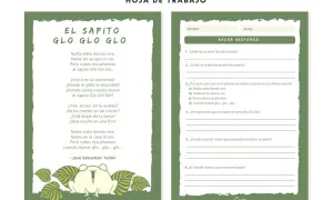 Ficha lectura del poema "El sapito Glo Glo Glo", con preguntas para responder sobre el texto y su personaje.