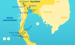 Mapa Tajlandii pokazuje, gdzie leży Bangkok, wraz z trasą przez Kanchanaburi, Hua Hin, Damnoen Saduak, a także wyspy takie jak Phuket i Krabi nad Morzem Andamańskim.