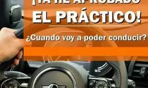 Mano en volante de Mini Cooper. Texto: "¡Ya he aprobado el práctico! ¿Cuando voy a poder conducir?".