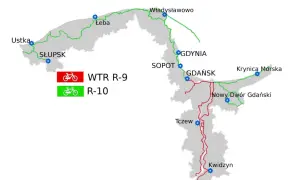 Mapa tras rowerowych WTR R-9 (czerwona) i R-10 (zielona) wzdłuż Wisły i wybrzeża.