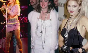 Madonna w stylizacjach z lat 80. na imprezę: fioletowa mini, biała kreacja z futrem i czarny top z naszyjnikami.