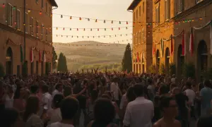 Festa in piazza a San Panfilo Sulmona, con luci colorate e gente che balla.