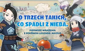 Dwie postacie z gry Pokémon Legends: Arceus, jedna z pokeballem, druga z pokeballem na ramieniu, na tle mapy Sinnoh.