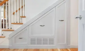 Solución inteligente para hacer armario bajo escalera. Muebles blancos a medida aprovechan cada rincón.