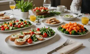 Une table dressée avec des salades colorées, des toasts au fromage frais et des jus d'orange. Une entrée simple et bluffante pour un repas convivial.