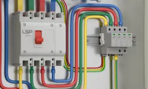 W skrzynce elektrycznej widać wyłącznik i moduły przepięciówki, połączone kolorowymi przewodami.