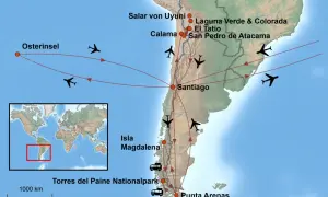 Reiseroute für Chile-Backpacking: Von Osterinsel über Atacama & Uyuni nach Patagonien. Flugzeuge und Busse markieren die Stationen.