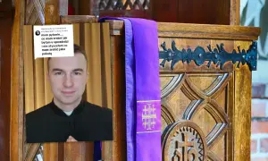 Komentarz pod filmem o najczęstszych pokutach po spowiedzi. Młody ksiądz w czerni.