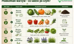 Plan płodozmianu warzyw: rok 1 - warzywa żarłoczne (kapusta, dynia), rok 2 - średnio wymagające (pomidor, marchew), rok 3 - strączkowe (fasola, groch), rok 4 - poplony.