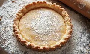 Fond de tarte doré, saupoudré de sucre glace. Le temps de cuisson est parfait, prêt à être dégusté.
